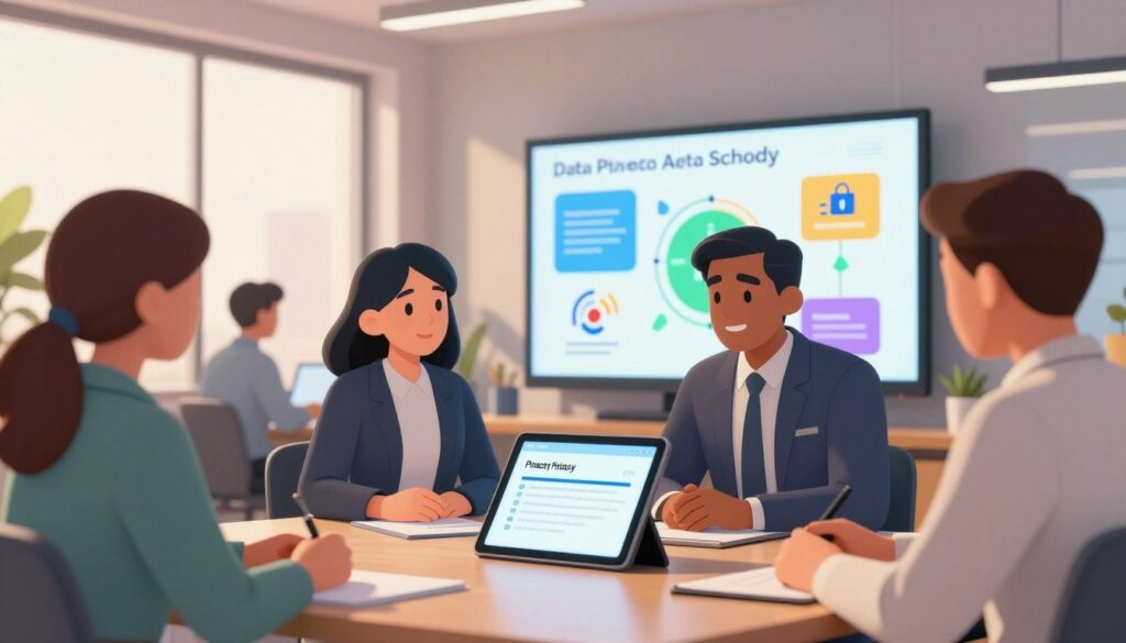 A modern digital workspace focused on data privacy platforms, set in a sleek office environment. In the foreground, a diverse group of parents in professional business attire, engaged in discussion while examining a digital tablet displaying privacy policies. In the middle ground, a large screen showcases infographics related to data protection and AI in schools, with vibrant colors emphasizing secure practices. The background features a stylish office with large windows letting in warm, diffused natural light, creating an inviting atmosphere. The focus is on collaboration and awareness, with an emphasis on safeguarding children's information in a digital age. The angle captures an engaging perspective, highlighting both technology and human interaction in a balanced, professional setting.