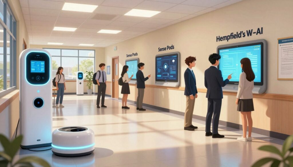 A modern high school hallway featuring innovative safety technology, prominently displaying Hempfield’s Wi-AI “Sense Pods” integrated within smart walls. In the foreground, sleek, rounded “Sense Pods” emit a soft blue glow, indicating activity. In the middle ground, students in professional business attire interact with the technology, showcasing engagement and awareness. The setting is well-lit, with natural light filtering through large windows, creating a warm, secure atmosphere. The background features digital security displays and surveillance elements, subtly integrated to emphasize safety without feeling intrusive. The overall mood conveys a sense of trust and responsibility in a tech-enhanced educational environment. Use a wide-angle lens to capture the entire scene, highlighting the blend of security and privacy in contemporary schooling.