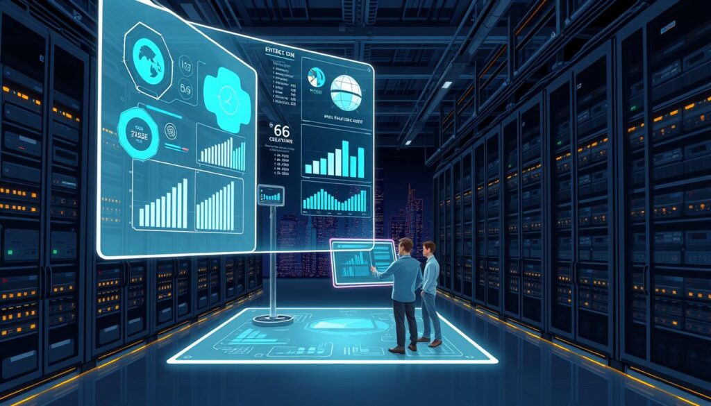 A modern industrial data center with rows of server racks, cables, and blinking lights. In the foreground, a holographic display shows dynamic charts and graphs visualizing enterprise integration systems, BIM models, and supply chain data flows. The middle ground features a team of data analysts and engineers collaborating around a large touchscreen interface. The background is dimly lit, with a cityscape visible through floor-to-ceiling windows, suggesting a high-tech urban setting. The lighting is balanced, with a subtle cool-toned ambiance, conveying a sense of technological sophistication and efficiency.