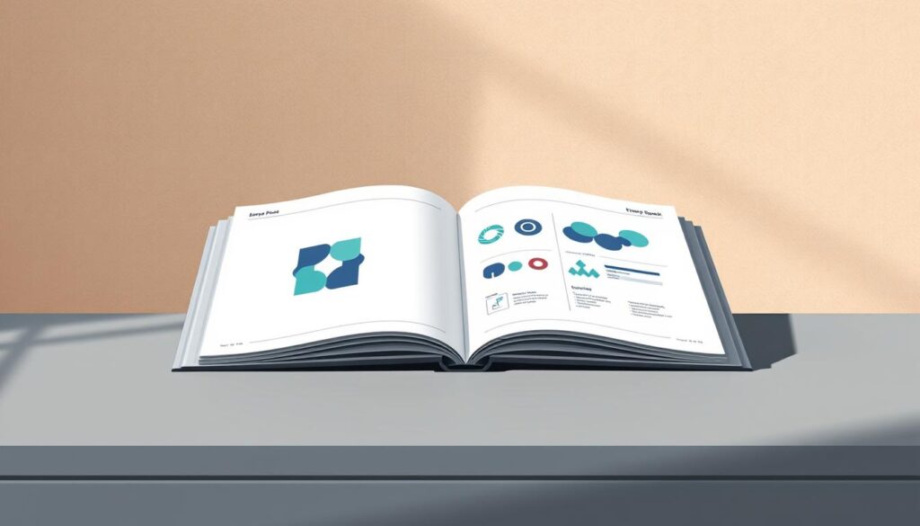 A modern, minimalist brand playbook spread, artfully arranged on a sleek, gray desk. In the foreground, a stylized geometric pattern in shades of blue and teal, symbolizing the brand's visual identity. In the middle ground, a collection of abstract shapes and lines, representing the branding elements - logos, color palettes, typography. The background features a subtle, textured wallpaper in warm neutrals, creating a cohesive, professional ambiance. Soft, directional lighting casts a gentle glow, highlighting the playbook's refined, tactile quality. An atmosphere of innovative, on-brand ideation and creative exploration pervades the scene.