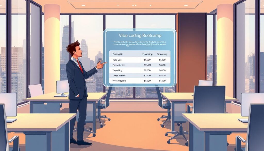 A modern, minimalist office space with sleek desks and ergonomic chairs. In the foreground, a well-dressed professional stands before a large, holographic display, gesturing towards pricing and financing options for a vibe coding bootcamp. Soft, warm lighting illuminates the scene, creating a welcoming and professional atmosphere. The background features floor-to-ceiling windows, offering a panoramic view of a bustling city skyline. The overall composition conveys a sense of innovation, accessibility, and the future of education and career development.