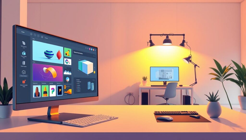 A modern, minimalist workspace featuring a large, high-resolution display showcasing a comprehensive visual building application. The foreground displays the app's intuitive user interface, with clean lines, bold color accents, and seamless interactions. The middle ground highlights the app's ability to preview and manipulate 3D models, user interface components, and other design elements in real-time. In the background, a sleek, high-end computer setup with a sophisticated lighting setup casts a warm, ambient glow, creating a professional and productive atmosphere. The overall scene conveys the power and efficiency of a full-stack visual building solution that streamlines the frontend development workflow.