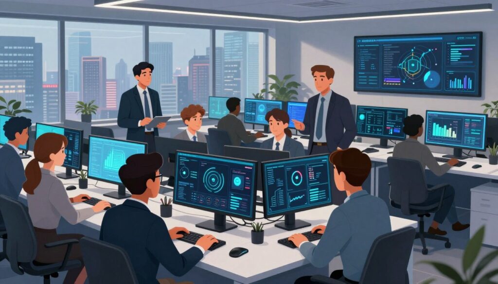A modern office environment showcasing established cybersecurity companies, with a focus on advanced AI threat detection platforms. In the foreground, a diverse group of professionals dressed in smart business attire engages in a collaborative discussion, analyzing data on sleek monitors. The middle ground features high-tech workstations displaying graphical interfaces with cybersecurity analytics and algorithms, illuminated by soft, strategic lighting that highlights the technology. In the background, large windows reveal a city skyline, symbolizing the growth and expansion of the tech industry. The atmosphere is dynamic and focused, reflecting innovation and forward-thinking in a safe, professional setting. The image should evoke a sense of progress and expertise in the field of cybersecurity.