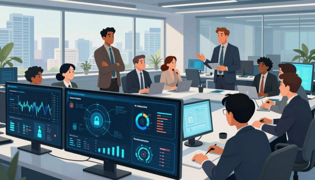 A modern office environment with a focus on cybersecurity. In the foreground, a sleek and high-tech digital dashboard displaying various data metrics related to AI safety controls—visuals of data flow, access permissions, vendor evaluations, and monitoring analytics. The middle layer features a diverse group of professionals in business attire, engaged in discussion and strategizing around a table. The background consists of futuristic cityscape windows, allowing rays of natural light to illuminate the space, enhancing the sense of innovation. The atmosphere is collaborative and focused, underscoring the importance of implementing robust AI-specific cybersecurity policies. The image should convey a sense of urgency and forward-thinking, with a slight emphasis on technology and security. Prefer a wide-angle shot for a comprehensive view.