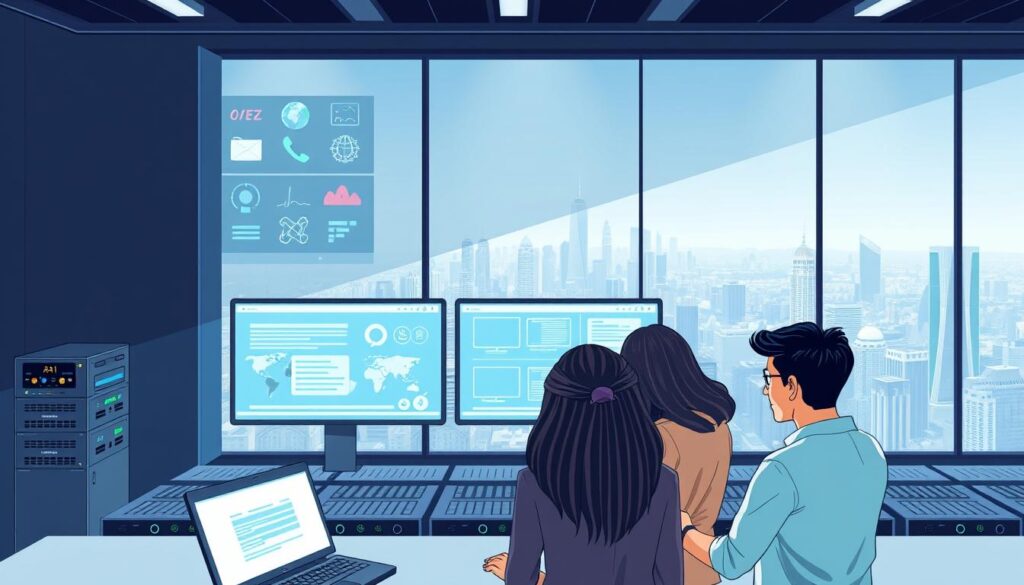 A modern office workspace with various AI-powered translation tools and platforms displayed on sleek digital screens. In the foreground, a trio of diverse professionals collaborating on a multilingual project, their faces illuminated by the glow of the screens. The middle ground features rows of cutting-edge translation hardware, while the background showcases a panoramic cityscape, hinting at the global reach of these language technologies. Soft, directional lighting accentuates the minimalist, high-tech ambiance, creating a sense of sophisticated efficiency. The composition emphasizes the seamless integration of human expertise and AI-driven translation capabilities, reflecting the section's focus on the current market landscape. A modern office workspace with various AI-powered translation tools and platforms displayed on sleek digital screens. In the foreground, a trio of diverse professionals collaborating on a multilingual project, their faces illuminated by the glow of the screens. The middle ground features rows of cutting-edge translation hardware, while the background showcases a panoramic cityscape, hinting at the global reach of these language technologies. Soft, directional lighting accentuates the minimalist, high-tech ambiance, creating a sense of sophisticated efficiency. The composition emphasizes the seamless integration of human expertise and AI-driven translation capabilities, reflecting the section's focus on the current market landscape.
