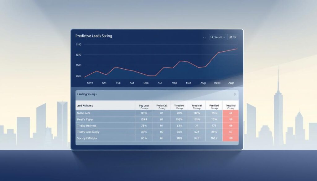 A modern, sleek data visualization dashboard featuring predictive lead scoring metrics. In the foreground, a line graph displays the accuracy of the lead scoring model over time, with upward trending lines indicating improved precision. In the middle ground, a table showcases key lead attributes and their associated scoring, allowing for efficient prioritization. The background depicts a stylized city skyline, representing the broader business landscape in which the lead scoring system operates. The lighting is soft and diffused, creating a sense of clarity and professionalism. The overall mood is one of data-driven decision making and strategic business alignment.