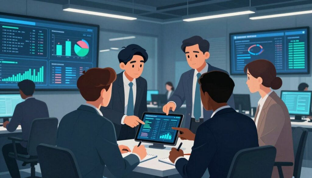 A modern, sleek office environment as the background, filled with large screens displaying graphs and data analytics related to cybersecurity assessments. In the foreground, a diverse group of professionals in business attire are engaged in a collaborative discussion, examining a digital report on a tablet. One person is pointing at key data on the screen, while another takes notes, creating a dynamic interaction. The lighting is bright and focused, highlighting the screens and creating a contrast with the more muted tones of the office. A subtle, tech-inspired color palette of blues and greens contributes to an atmosphere of innovation and efficiency. The overall mood is one of urgency and teamwork, with an emphasis on decision-making in cybersecurity.