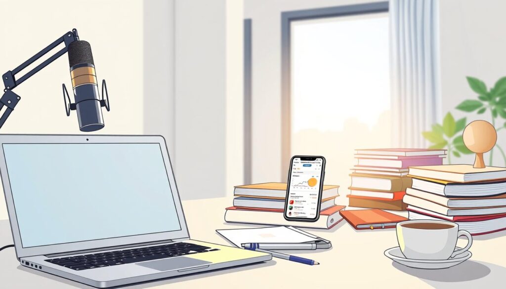 A modern, sleek workspace filled with the essential tools for social media trend forecasting. In the foreground, a silver laptop with a minimalist UI, surrounded by a high-resolution monitor, a professional microphone, and a drawing tablet. In the middle ground, a smartphone displaying real-time social media analytics, accompanied by a stack of well-organized notebooks and a cup of coffee. The background features clean, bright lighting from a large window, casting a warm glow over the workspace. The overall atmosphere conveys a sense of efficiency, innovation, and a keen eye for emerging digital trends.