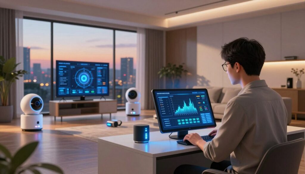 A modern smart home interior showcasing advanced AI technology, focusing on a sleek, futuristic control panel displaying real-time anomaly detection metrics. In the foreground, a professional individual, dressed in smart casual attire, intently monitors the data on a high-resolution screen with glowing graphs and alerts. The middle ground features interconnected smart devices, like security cameras and smart speakers, all pulsing with subtle lights, indicating active monitoring. In the background, large windows reveal a vibrant cityscape at dusk, casting warm ambient light into the room. The atmosphere is filled with a sense of security and cutting-edge innovation, with a slight glow from the devices adding a high-tech feel. Use a wide-angle lens to capture the expansive space and create depth, emphasizing the harmony between technology and home life.
