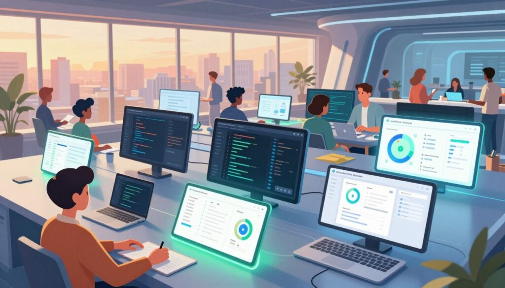 A modern tools platform showcasing an array of software development tools and interfaces integrated on a seamless digital dashboard. In the foreground, highlight sleek, high-resolution graphical interface elements like code editors, analytics displays, and project management tools, all illuminated with a soft blue and green glow. The middle layer features a diverse group of professionals in smart casual attire engaging with the platform, collaborating over a virtual workspace. In the background, a futuristic office environment with large windows revealing a cityscape bathed in warm sunset light, creating an inspiring atmosphere. Use a dynamic angle that emphasizes depth, with a wide lens effect to capture the expanse of the platform. The overall mood is one of innovation and productivity, conveying a sense of excitement about building and scaling a business efficiently.