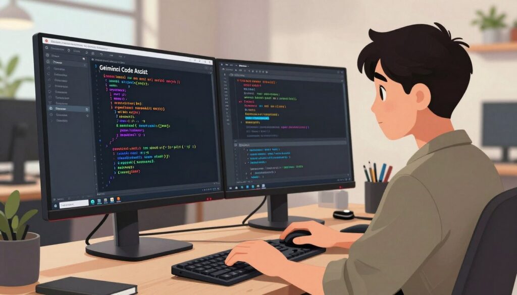 A modern, well-lit workspace featuring a user engaging with Gemini Code Assist within an integrated development environment (IDE) on a dual-monitor setup. In the foreground, the user, dressed in smart-casual attire, focuses on the screen displaying colorful code and dynamic prompts from Gemini Code Assist. The middle layer shows the IDE interface prominently, with interactive elements like code suggestions and debugging tools. The background hints at a creative atmosphere with soft ambient lighting, plants, and tech gadgets. The angle captures the user straight on, with a slight tilt to emphasize the screen’s content. The mood is energetic and productive, evoking a sense of flow and creativity in coding.