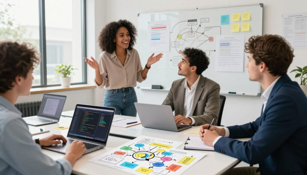 A modern workspace featuring a diverse group of three professionals gathered around a sleek conference table, deeply engaged in brainstorming ideas for a business model. The foreground highlights detailed notes and colorful flowcharts spread across the table, with laptops open displaying coding interfaces. In the middle, a confident woman in smart casual attire gestures enthusiastically while sharing her vision, while a man in a business suit takes notes. The background shows a large whiteboard filled with diagrams and sticky notes, with natural light streaming in through large windows, creating an airy and inspiring atmosphere. The overall mood is collaborative and innovative, encouraging creativity and excitement about building a successful coding business model, captured from a slightly elevated angle to encompass the dynamic setting.