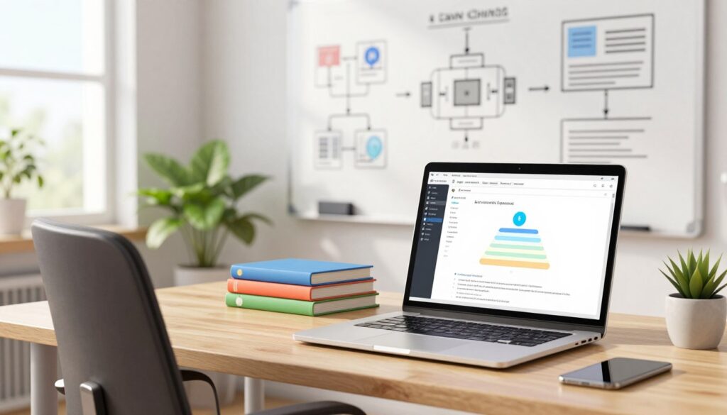A modern workspace featuring a neatly organized developer's desk. In the foreground, a sleek laptop displaying code and a minimalist stack diagram on the screen, with a colorful array of books about software development stacked beside it. In the middle, a stylish ergonomic chair and a potted plant add a touch of greenery. The background shows a whiteboard filled with simple, schematic sketches of various tech stacks, emphasizing low-maintenance tools and frameworks. Soft natural light filters in through a large window, creating a fresh, inspiring atmosphere. The overall mood is one of productivity and clarity, inviting viewers to envision efficient solo development. The image is captured from an angle that highlights the desk and screen prominently, with a shallow depth of field to keep attention focused on the workspace.