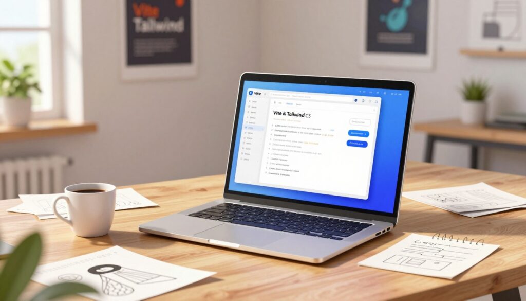 A modern workspace setup featuring a sleek laptop open to a vibrant Vite and Tailwind CSS project on the screen. In the foreground, a cup of coffee sits next to the laptop, reflecting a focus on productivity. In the middle ground, soft shadows play across a wooden desk scattered with design sketches and code notes, showcasing the creative process. The background features a minimalist wall with inspirational tech posters and a potted plant, infusing a lively atmosphere. Soft, natural lighting comes from a window, creating a warm and inviting environment. The overall mood is inspiring and innovative, capturing the essence of contemporary web development.