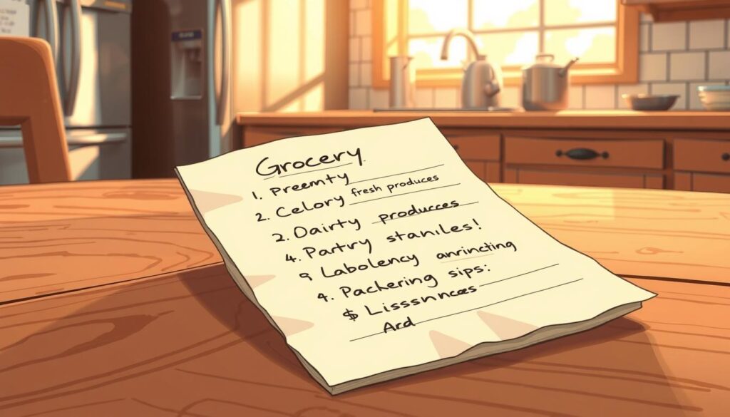 A neatly handwritten grocery list on a crumpled, cream-colored notepad lies atop a wooden table, illuminated by warm, natural lighting from a window. The list features items like fresh produce, dairy, and pantry staples, scrawled in a casual, legible script. In the background, a set of stainless steel appliances and a glimpse of a tiled backsplash hint at a well-equipped kitchen, creating a sense of a practical, functional space. The overall scene conveys a mood of domestic organization, with the grocery list serving as a practical tool to plan and prepare wholesome meals.