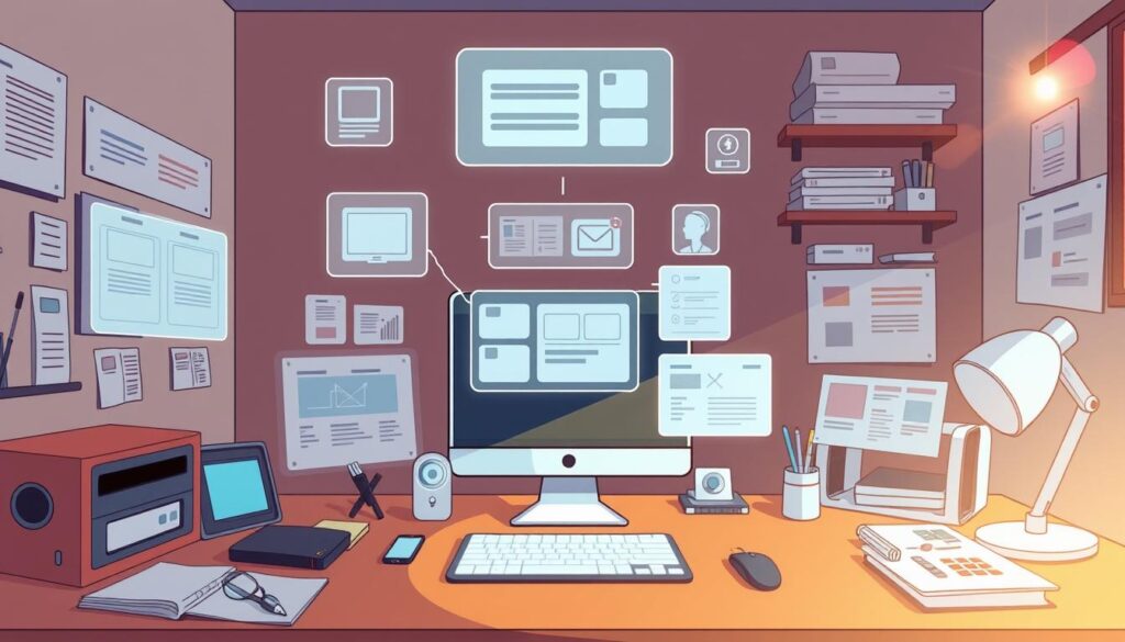 A neatly organized desk with an array of AI-powered digital tools and interfaces. Floating holographic prompts, templates, and step-by-step workflows hover above the workspace, illuminating the path to streamlined content creation. Warm, focused lighting casts a contemplative glow, while a subtle lens flare in the corner adds a touch of dynamic energy. The overall scene conveys a sense of efficiency, inspiration, and the transformative power of AI-driven productivity.