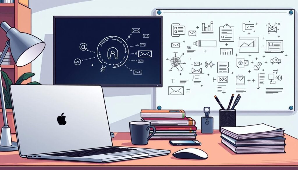 A neatly organized office workspace with a collection of essential tools for building AI-powered applications. In the foreground, a sleek laptop, a high-resolution monitor, and a modern keyboard and mouse setup. In the middle ground, a stack of tech books and magazines, along with a cup of coffee and a pen holder. In the background, a minimalist whiteboard displays various AI-related diagrams and notes, illuminated by soft, directional lighting. The overall scene conveys a sense of focused productivity, hinting at the powerful technologies and techniques required to construct efficient email list-building funnels.