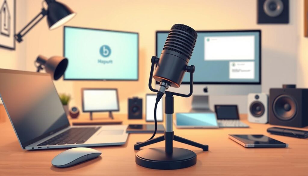 A neatly organized workspace filled with a variety of modern productivity tools and software platforms. The foreground features a sleek laptop, a minimalist mouse, and a high-quality microphone on an adjustable stand. In the middle ground, a collection of stylish desktop accessories like a wireless charging pad, a digital note-taking tablet, and a compact speaker system. The background showcases a clean and minimalist desk setup, with a large monitor displaying a clean, crisp interface. Soft, indirect lighting creates a warm, professional atmosphere, while the camera angle provides a dynamic, slightly elevated perspective. The overall scene conveys a sense of efficiency, creativity, and a carefully curated personal or startup brand.