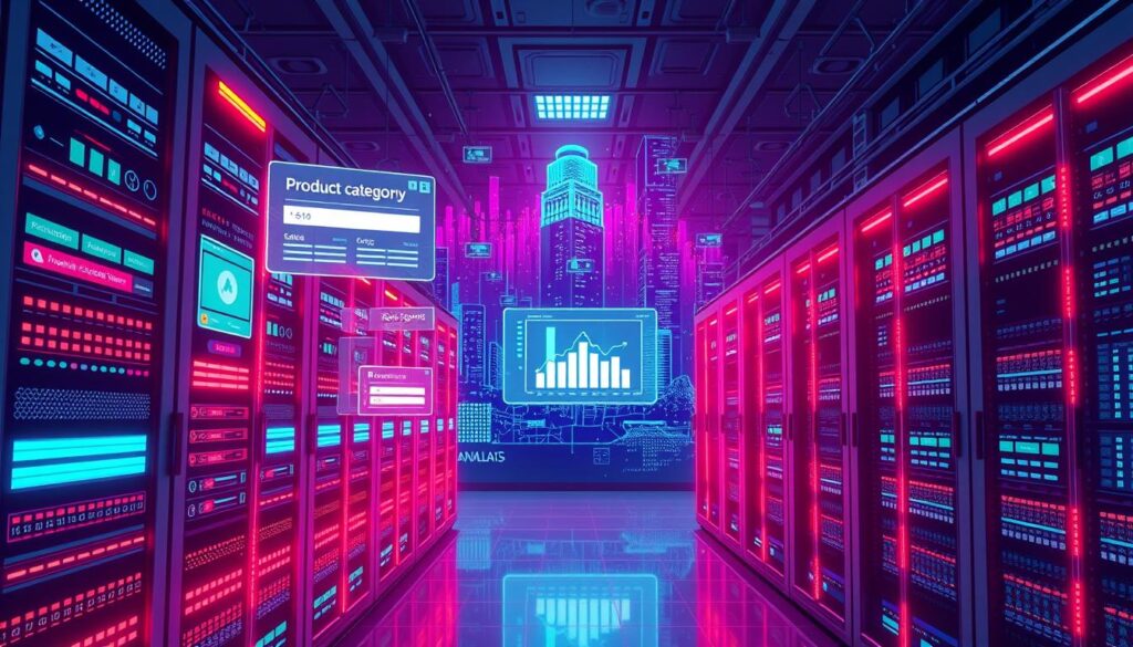 A neon-lit, futuristic data center with rows of glowing server racks in the foreground. In the middle ground, holographic interfaces display product categories, search terms, and analytics data. The background is a vast, expansive digital landscape with towering data structures and pulsing information flows. Cinematic lighting casts dramatic shadows, creating a sense of depth and scale. The mood is one of technological prowess and the power of data-driven discovery.