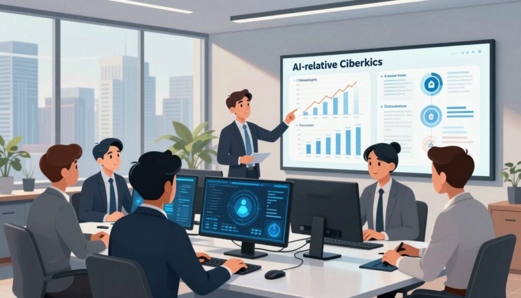 A professional workspace illustrating effective mitigation strategies for AI-related cyber risks. In the foreground, a diverse team of business professionals in smart attire collaborates around a sleek conference table, analyzing cybersecurity data on digital screens. The middle ground features a large display board with charts and diagrams showcasing risk assessment graphs and cybersecurity frameworks. In the background, a modern office window reveals a bustling city skyline, symbolizing the intersection of technology and business. Soft, natural lighting filters through the glass, creating a focused and optimistic atmosphere. The camera angle captures an engaging perspective, emphasizing teamwork and innovation in cybersecurity, while maintaining a clean, distraction-free environment.