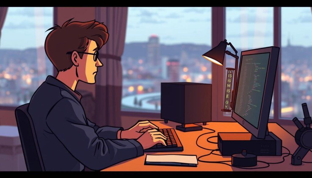 A programmer sits at a desk, deeply focused, their fingers dancing across the keyboard. The room is bathed in a warm, ambient light, creating a cozy, concentrated atmosphere. The display shows lines of code unfolding, a visual representation of the flow state they have entered. In the background, a blurred cityscape or natural landscape can be seen through a large window, hinting at the outside world but not distracting from the task at hand. The scene conveys a sense of balance, with the challenge of coding perfectly matched by the programmer's skill and clear, defined goals.