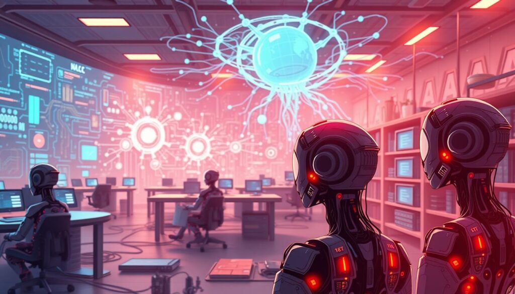 A research lab, bathed in warm, focused lighting. In the foreground, an array of intelligent AI agents, their circuits and processors visible, engaged in deep research and analysis. The middle ground features a sprawling digital workspace, with holographic displays, neural networks, and data streams flowing seamlessly. In the background, a vast, interconnected web of knowledge, a maze of information that the AI agents navigate effortlessly, uncovering insights and patterns. The atmosphere is one of intense focus, innovation, and the steady hum of progress, as these automated research assistants work tirelessly to unlock the secrets of the digital world. A research lab, bathed in warm, focused lighting. In the foreground, an array of intelligent AI agents, their circuits and processors visible, engaged in deep research and analysis. The middle ground features a sprawling digital workspace, with holographic displays, neural networks, and data streams flowing seamlessly. In the background, a vast, interconnected web of knowledge, a maze of information that the AI agents navigate effortlessly, uncovering insights and patterns. The atmosphere is one of intense focus, innovation, and the steady hum of progress, as these automated research assistants work tirelessly to unlock the secrets of the digital world.