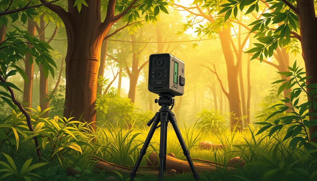 A rugged, weatherproof wildlife monitoring camera system stands vigilant in a lush, verdant forest. High-resolution sensors and advanced AI-powered detection algorithms scan the undergrowth, alert to the slightest movement. Sturdy tripod legs keep the camera steady, its lens poised to capture any signs of poaching activity. Warm afternoon sunlight filters through the canopy, casting a natural, earthy tone over the scene. The camera's sleek, compact design seamlessly blends into the environment, acting as an unobtrusive, ever-watchful "eye in the woods" to protect the vulnerable wildlife within. A rugged, weatherproof wildlife monitoring camera system stands vigilant in a lush, verdant forest. High-resolution sensors and advanced AI-powered detection algorithms scan the undergrowth, alert to the slightest movement. Sturdy tripod legs keep the camera steady, its lens poised to capture any signs of poaching activity. Warm afternoon sunlight filters through the canopy, casting a natural, earthy tone over the scene. The camera's sleek, compact design seamlessly blends into the environment, acting as an unobtrusive, ever-watchful "eye in the woods" to protect the vulnerable wildlife within.