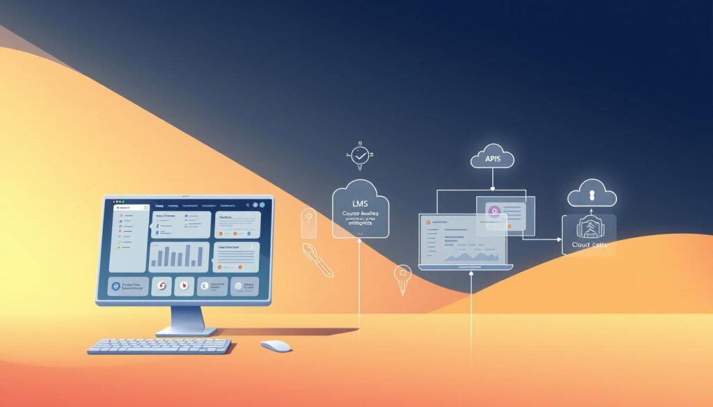 A seamless integration of digital tools and platforms, showcased through a sleek and modern UI. In the foreground, intuitive dashboard controls allow effortless management of AI-powered course materials, certificates, and student data. The middle ground features interconnected LMS interfaces, APIs, and cloud-based collaboration spaces, facilitating a cohesive teaching and learning experience. In the background, a minimalist yet elegant abstract design symbolizes the harmony and efficiency of the integrated system. Soft, directional lighting accentuates the clean lines and subtle gradients, creating an atmosphere of sophistication and technological prowess.