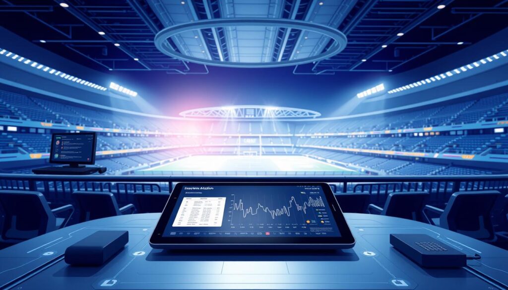 A seamless integration of platforms and systems, showcasing a futuristic sports analytics hub. In the foreground, a sleek touchscreen interface displays real-time data and insights, surrounded by a network of interconnected devices. The middle ground features a dynamic visualization of ticket demand, with fluctuating graphs and charts. In the background, a panoramic view of a modern stadium, its smart technology and sensors seamlessly connected to the central analytics platform. Crisp lighting accentuates the clean, minimalist design, creating an atmosphere of efficiency and innovation. The scene conveys the power of unified ticketing, analytics, and smart stadium technologies, empowering sports organizations to make data-driven decisions.