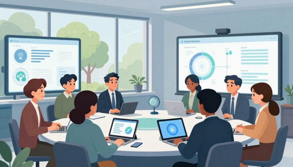 A serene and modern classroom setting, demonstrating the harmonious blend of technology and ethics. In the foreground, a diverse group of educators, dressed in business attire, are collaboratively discussing data privacy and equitable AI use, surrounded by digital charts on screens. In the middle, a sleek table featuring various devices like tablets and laptops, visually representing AI tools. The background showcases a large window, letting in soft natural light, with green trees visibile outside, symbolizing transparency and growth. The overall atmosphere is one of empowerment and collaboration, with a subtle color palette of calming blues and greens to evoke trust and innovation. The scene captures the essence of ethical governance in education, with an emphasis on community and technology.