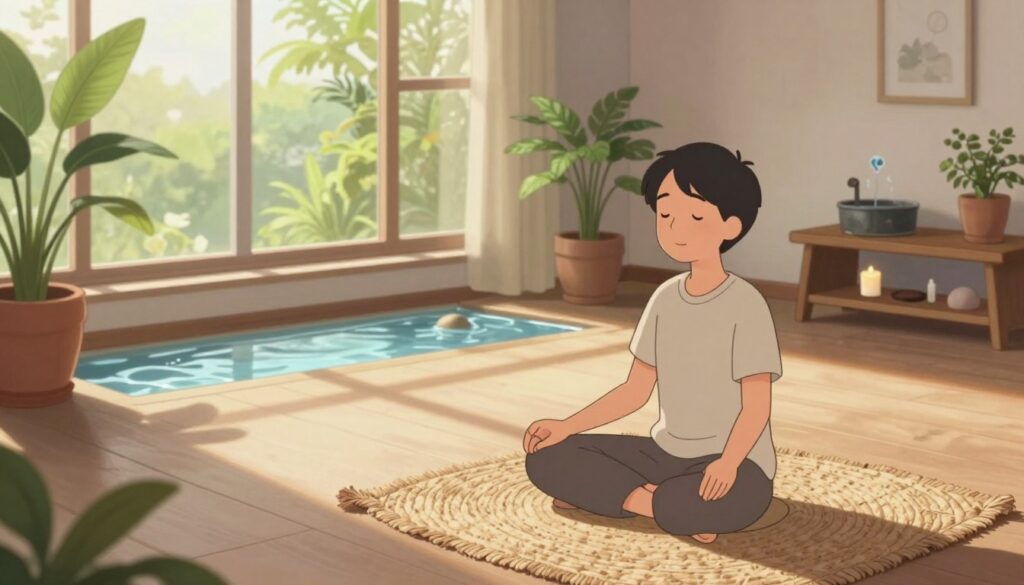 A serene indoor space dedicated to mindfulness, featuring a tranquil person practicing meditation in the foreground. The individual is seated cross-legged on a soft, natural fiber mat, dressed in modest, casual clothing. In the middle ground, a gentle stream of sunlight filters through a large window, casting soft shadows and illuminating potted plants, creating a calming atmosphere. The background includes minimalistic decor, such as a small wooden shelf with candles and a water fountain, enhancing the sense of tranquility. The overall color palette is soothing with earth tones and greens, evoking a sense of peace and focus. The angle of view is slightly elevated, providing a clear perspective of the meditation practice while surrounding elements add depth to the composition.