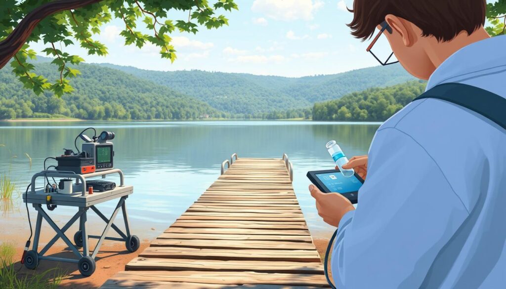 A serene lakeside scene, captured through the lens of a high-resolution camera. In the foreground, a scientist carefully collects a water sample, their laboratory equipment neatly arranged on a portable workstation. The middle ground reveals a well-maintained pier, its wooden planks reflecting the clear, still waters. In the background, lush foliage and rolling hills create a tranquil, natural backdrop, with soft, diffused lighting illuminating the scene. The overall atmosphere conveys the importance of water quality monitoring, with a sense of precision, care, and environmental preservation.