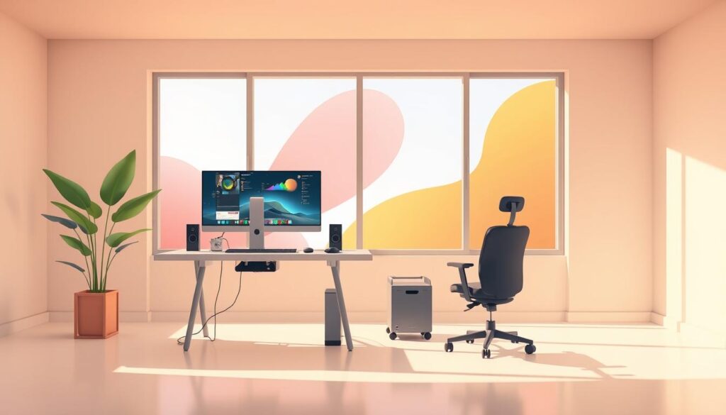 A serene, modern workspace where accessibility and performance coexist seamlessly. A spacious, well-lit room with large windows, allowing natural light to flow in. In the foreground, a sleek, minimalist desk with a state-of-the-art computer setup, designed with intuitive controls and high-contrast interfaces for easy navigation. In the middle ground, an ergonomic chair and assistive technology devices, enabling users of all abilities to work comfortably. The background features abstract, vibrant shapes and gradients, symbolizing the harmony between design, technology, and user experience. Warm, neutral tones create a calming ambiance, while subtle motion elements suggest the fluid, responsive nature of the digital environment. A serene, modern workspace where accessibility and performance coexist seamlessly. A spacious, well-lit room with large windows, allowing natural light to flow in. In the foreground, a sleek, minimalist desk with a state-of-the-art computer setup, designed with intuitive controls and high-contrast interfaces for easy navigation. In the middle ground, an ergonomic chair and assistive technology devices, enabling users of all abilities to work comfortably. The background features abstract, vibrant shapes and gradients, symbolizing the harmony between design, technology, and user experience. Warm, neutral tones create a calming ambiance, while subtle motion elements suggest the fluid, responsive nature of the digital environment.