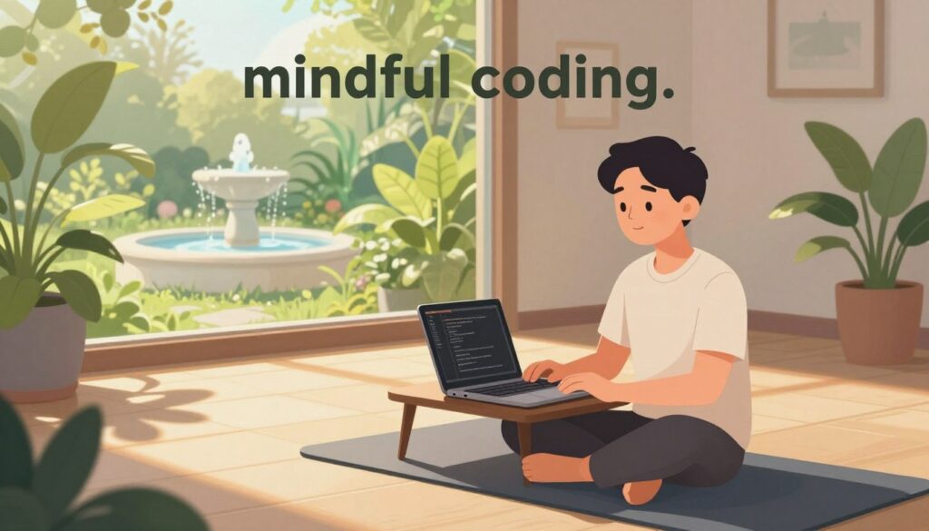 A serene workspace depicting "mindful coding." In the foreground, a programmer sits cross-legged on a yoga mat, dressed in comfortable business casual clothing, with a laptop open on a small table. The individual is engaged in coding with a focused, calm expression, embodying mindfulness. In the middle ground, softly glowing plants and a small fountain create a tranquil atmosphere. The background features a large window revealing a lush garden with dappled sunlight streaming in, casting soft shadows. Use warm, natural lighting to enhance the peaceful mood. Capture the scene with a slightly elevated angle, emphasizing the harmonious blend of technology and nature, promoting creativity and mindfulness in programming.