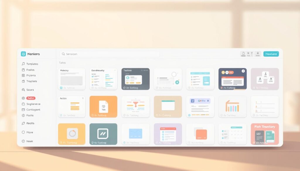 A sleek and modern digital planner interface, featuring a neatly organized directory of Notion templates. The foreground showcases various template icons, each representing different productivity, planning, and task management tools. The middle ground displays a clean, minimal design with subtle grid lines, while the background conveys a softly blurred, serene atmosphere with a muted color palette. Warm, directional lighting creates depth and highlights the template previews. The overall composition exudes a sense of efficiency, organization, and the versatility of Notion's template ecosystem.