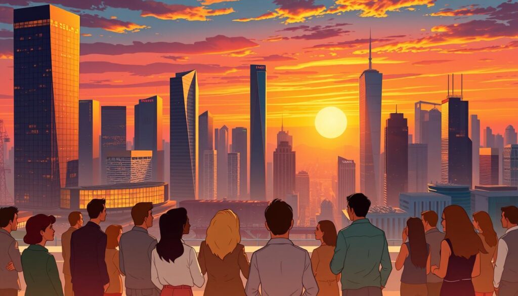 A sleek, contemporary cityscape with towering skyscrapers representing the technological and economic might of the United States. In the foreground, a diverse group of citizens engaged in thoughtful discussions, symbolizing the considerations of compliance, equity, and infrastructure. Warm lighting casts an inviting glow, while the background features a stunning sunset over the cityscape, conveying a sense of progress and optimism. The scene is captured through a wide-angle lens, emphasizing the scale and complexity of the challenges faced by the nation. The overall atmosphere is one of purposeful contemplation, with a focus on finding solutions that benefit all members of the American society.