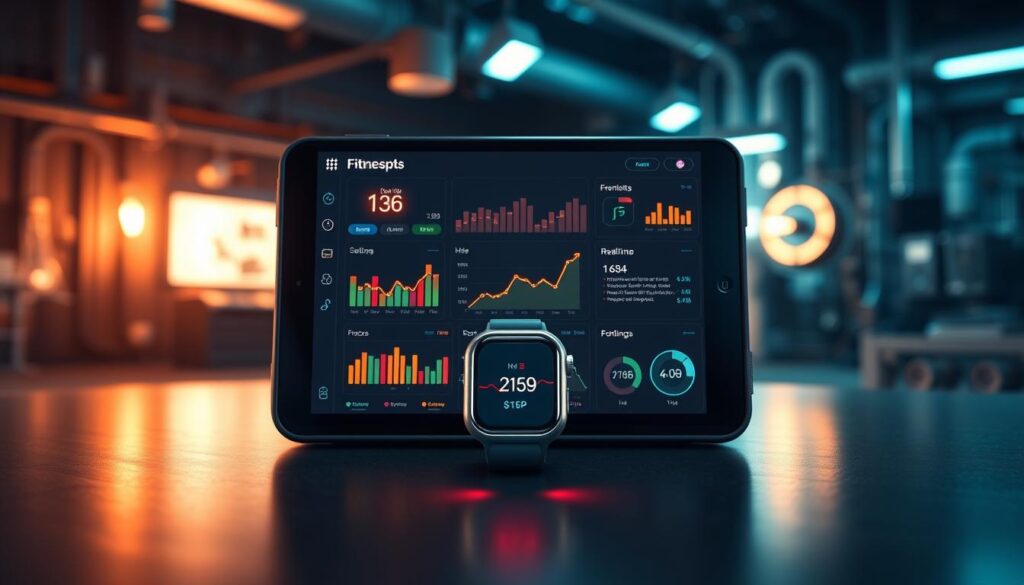 A sleek, futuristic fitness data dashboard displayed on a high-resolution smart device. The foreground features a clean user interface with glowing, interactive data visualizations - charts, graphs, and health metrics tracking real-time biometric information from a connected wearable device. The middle ground showcases the smartwatch in a minimalist, metallic design, its screen displaying a heart rate graph and step count. The background is a blurred, industrial-chic setting with hints of technology - circuit boards, wires, and holographic elements subtly illuminating the scene. Dramatic, directional lighting casts dynamic shadows, creating a sense of depth and emphasizing the precision and power of the data-driven fitness experience. A sleek, futuristic fitness data dashboard displayed on a high-resolution smart device. The foreground features a clean user interface with glowing, interactive data visualizations - charts, graphs, and health metrics tracking real-time biometric information from a connected wearable device. The middle ground showcases the smartwatch in a minimalist, metallic design, its screen displaying a heart rate graph and step count. The background is a blurred, industrial-chic setting with hints of technology - circuit boards, wires, and holographic elements subtly illuminating the scene. Dramatic, directional lighting casts dynamic shadows, creating a sense of depth and emphasizing the precision and power of the data-driven fitness experience.