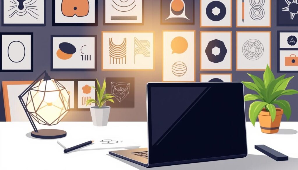 A sleek, minimalist workspace filled with various design elements. In the foreground, a laptop, a stylus, and a sketch pad sit on a clean, white desk. The middle ground features a modern, geometric lamp casting a warm glow, and a potted plant adding a touch of nature. The background showcases framed artwork, showcasing various design styles and motifs, from abstract shapes to typography. The overall scene conveys a sense of creativity, inspiration, and the seamless integration of technology and design.