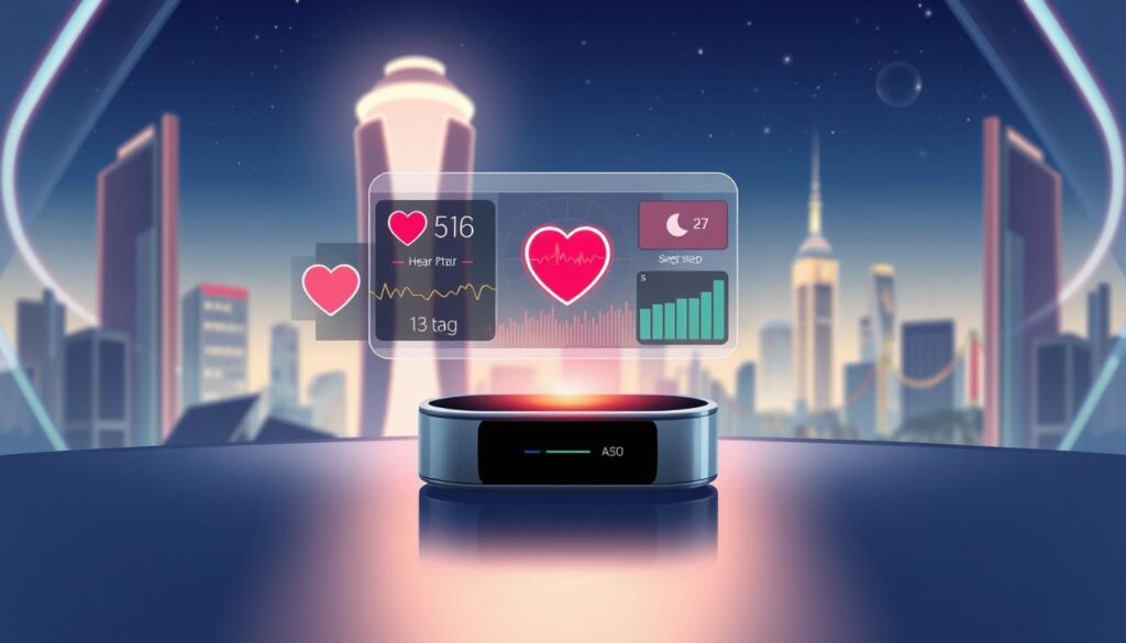 A sleek, modern data-insight platform for smart wearables, captured in a stylized, futuristic illustration. In the foreground, a holographic display showcases vibrant visualizations of heart rate, activity, and sleep data. The middle ground features a streamlined, minimalist device with a smooth, reflective surface. In the background, a softly lit cityscape with towering skyscrapers and a starry night sky creates a sense of technological progress and urban innovation. Ambient lighting casts a warm, ethereal glow, evoking a vision of the seamless integration of wearable technology and data-driven insights. A sleek, modern data-insight platform for smart wearables, captured in a stylized, futuristic illustration. In the foreground, a holographic display showcases vibrant visualizations of heart rate, activity, and sleep data. The middle ground features a streamlined, minimalist device with a smooth, reflective surface. In the background, a softly lit cityscape with towering skyscrapers and a starry night sky creates a sense of technological progress and urban innovation. Ambient lighting casts a warm, ethereal glow, evoking a vision of the seamless integration of wearable technology and data-driven insights.