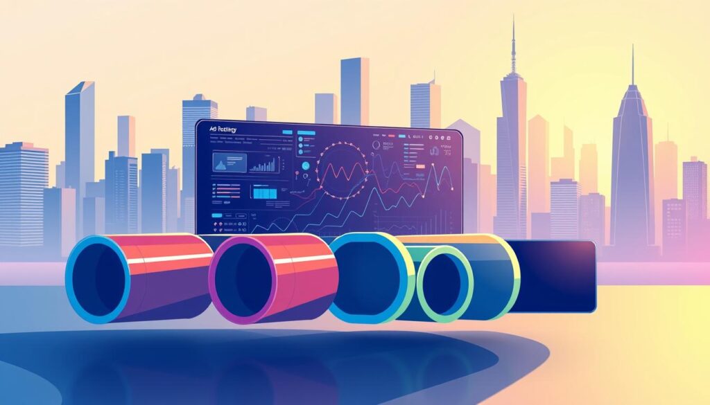 A sleek, modern illustration depicting a unified cross-channel strategy for ad-bidding optimization. In the foreground, a series of colorful, geometric channels representing the various digital advertising platforms - display, video, CTV, audio, and DOOH. The channels are interlocked, symbolizing the cohesive integration of these channels. The middle ground features a complex data visualization, conveying the real-time analytics and insights powering the optimization process. In the background, a minimalist cityscape with towering skyscrapers, bathed in a warm, futuristic glow, suggesting the cutting-edge, high-tech nature of the ad-bidding technology. The overall mood is one of sophistication, efficiency, and innovation.
