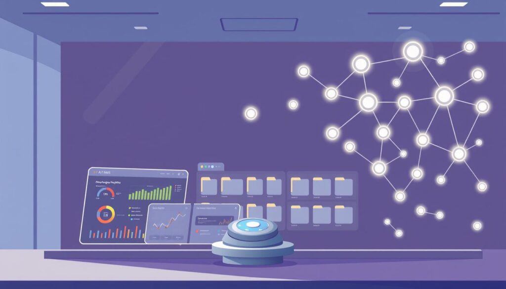 A sleek, modern knowledge management system, with a clean user interface and intuitive navigation. The foreground features a central hub with various data visualization widgets, displaying key metrics and analytics. The middle ground showcases a knowledge repository, with neatly organized folders and search functionality. In the background, a network of interconnected nodes represents the flow of information, with glowing connections signifying the system's dynamic and adaptive nature. The lighting is soft and diffused, creating a sense of clarity and focus. The overall atmosphere conveys a balance of efficiency, accessibility, and intelligence, reflecting the core purpose of an AI-powered knowledge management solution. A sleek, modern knowledge management system, with a clean user interface and intuitive navigation. The foreground features a central hub with various data visualization widgets, displaying key metrics and analytics. The middle ground showcases a knowledge repository, with neatly organized folders and search functionality. In the background, a network of interconnected nodes represents the flow of information, with glowing connections signifying the system's dynamic and adaptive nature. The lighting is soft and diffused, creating a sense of clarity and focus. The overall atmosphere conveys a balance of efficiency, accessibility, and intelligence, reflecting the core purpose of an AI-powered knowledge management solution.