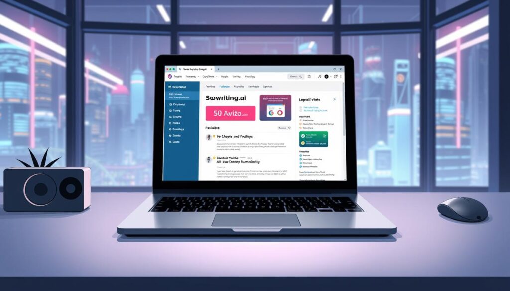 A sleek, modern laptop resting on a minimalist workspace, surrounded by a neon-tinged futuristic cityscape visible through large windows. The laptop's screen displays the SEOwriting.ai interface, showcasing its powerful bulk post creation, live SERP analysis, and AI-driven content humanization tools. Soft, directional lighting accentuates the depth and details of the scene, creating an immersive and technologically-advanced atmosphere. The overall composition conveys a sense of innovation, productivity, and the seamless integration of AI-powered tools into the digital writing workflow.