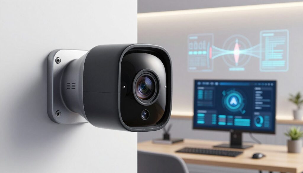 A sleek, modern motion detection camera mounted on a wall, showcasing its advanced technology in a well-lit, contemporary indoor environment. In the foreground, the camera features a glossy black finish with a lens that reflects subtle light, surrounded by a minimalist design. The middle ground presents a workspace with a computer screen displaying analytics data, showcasing AI algorithms in action. In the background, abstract representations of motion analytics and data visualizations float, hinting at the technology's capabilities in enhancing surveillance privacy. The lighting is bright and focused, creating a professional and high-tech atmosphere. The overall mood is one of sophistication and innovation, illustrating the significant role of AI in modern security solutions. A sleek, modern motion detection camera mounted on a wall, showcasing its advanced technology in a well-lit, contemporary indoor environment. In the foreground, the camera features a glossy black finish with a lens that reflects subtle light, surrounded by a minimalist design. The middle ground presents a workspace with a computer screen displaying analytics data, showcasing AI algorithms in action. In the background, abstract representations of motion analytics and data visualizations float, hinting at the technology's capabilities in enhancing surveillance privacy. The lighting is bright and focused, creating a professional and high-tech atmosphere. The overall mood is one of sophistication and innovation, illustrating the significant role of AI in modern security solutions.