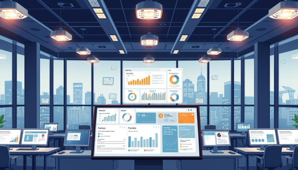 A sleek, modern office interior with an emphasis on enterprise software systems. The foreground features a central dashboard display with various metrics and visualizations, showcasing the integration between an Applicant Tracking System (ATS) and a Customer Relationship Management (CRM) platform. The middle ground includes workstations with computer monitors displaying job listings and candidate profiles, while the background depicts floor-to-ceiling windows overlooking a bustling cityscape. The lighting is a combination of warm, ambient overhead lighting and the cool glow of digital displays, creating a professional and technologically advanced atmosphere. The camera angle is slightly elevated, providing a comprehensive view of the niche job platform's core architecture and functionality.
