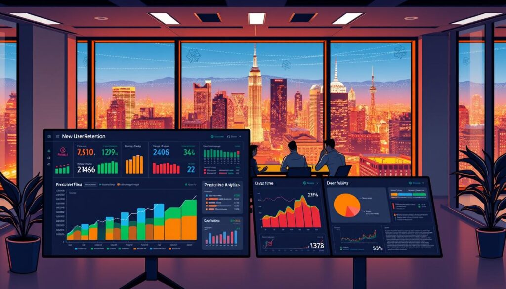 A sleek, modern office interior with floor-to-ceiling windows overlooking a bustling cityscape. In the foreground, a large interactive dashboard displays real-time metrics on user retention and revenue growth for a personalized fitness app. The dashboard features vibrant data visualizations, intuitive controls, and predictive analytics tools. In the middle ground, a team of data analysts and product managers huddle around a conference table, deep in discussion. The lighting is warm and focused, creating a sense of productivity and collaborative energy. In the background, the skyline twinkles with the promise of technological innovation and a future where AI-powered fitness coaching helps people build lasting healthy habits.