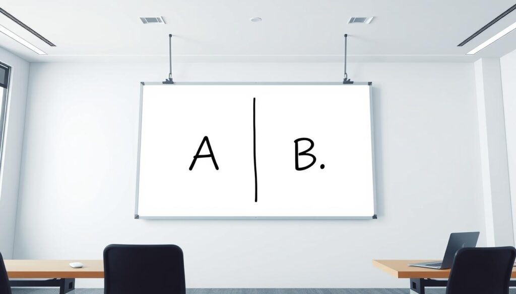 A sleek, modern office setting with a large whiteboard taking center stage. On the whiteboard, two distinct columns are displayed, labeled "A" and "B", representing the different test variants. The lighting is bright and even, creating a sense of clarity and focus. The camera angle is slightly elevated, providing a bird's-eye view of the scene, emphasizing the experimental nature of the A/B testing process. The background is clean and minimalist, with just a few subtle hints of technology, such as a laptop or a few office supplies, to reinforce the professional, analytical atmosphere. The overall mood is one of precision, innovation, and data-driven decision-making.