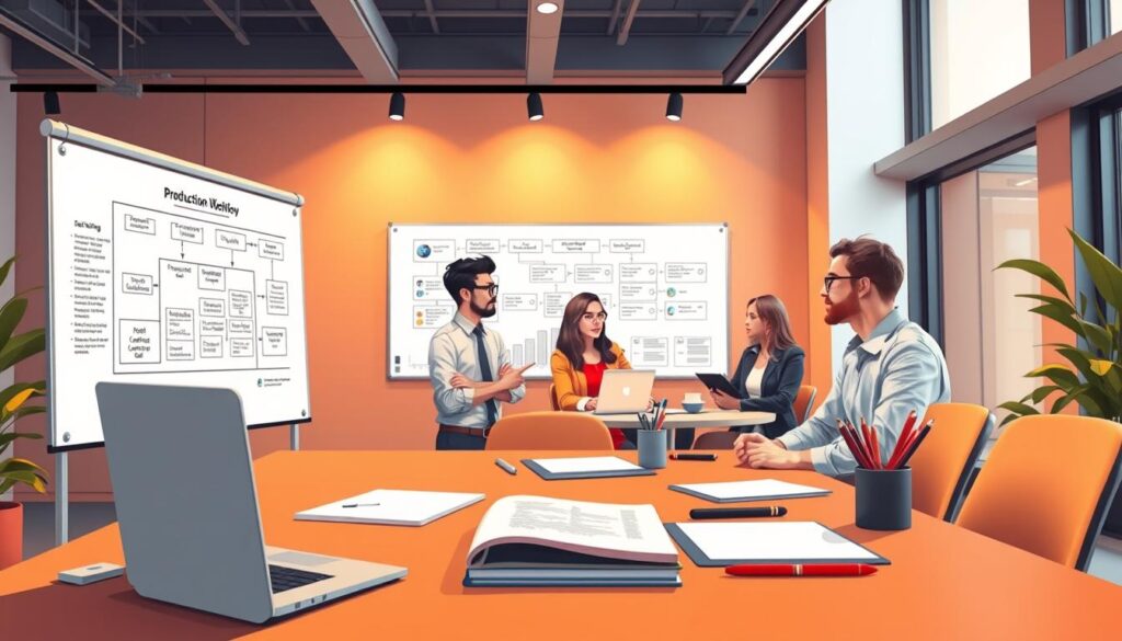 A sleek, modern office space with a large whiteboard displaying a production workflow diagram. In the foreground, a laptop, notepad, and various stationery items are neatly arranged, suggesting an active planning session. The middle ground features a team of professionals engaged in collaborative discussion, their expressions focused and engaged. Warm, directional lighting creates a productive and inviting atmosphere, while the background showcases a minimalist, yet stylish interior design with clean lines and a neutral color palette. The overall scene conveys a sense of efficiency, innovation, and the seamless integration of technology within a microlearning video production environment.