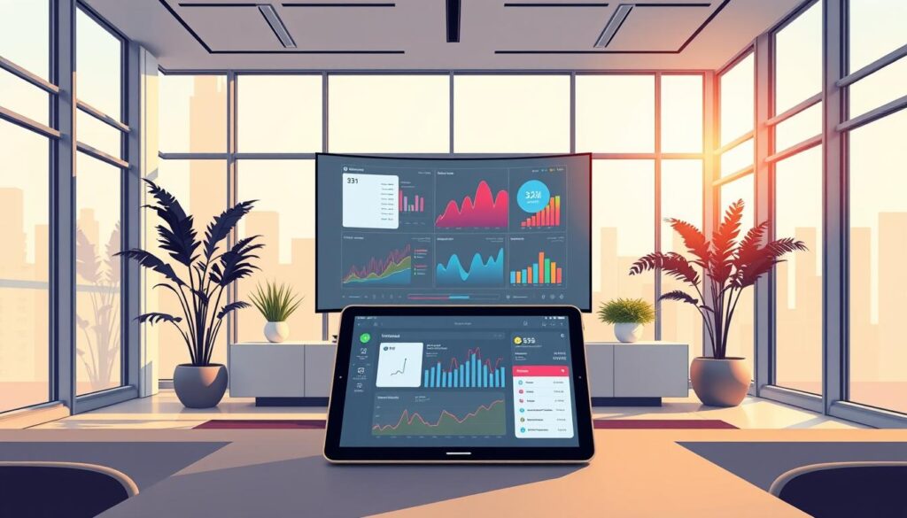 A sleek, modern office with floor-to-ceiling windows bathed in warm, natural light. At the center, a large, curved monitor displays vibrant, data-driven visualizations - Whatagraph's cutting-edge marketing intelligence platform. In the foreground, a tablet showcases the intuitive dashboard, highlighting key performance metrics. The background features minimalist decor, with clean lines and muted tones, creating a serene, productive atmosphere. The overall scene conveys a sense of clarity, efficiency, and AI-powered insights to drive informed decision-making. A sleek, modern office with floor-to-ceiling windows bathed in warm, natural light. At the center, a large, curved monitor displays vibrant, data-driven visualizations - Whatagraph's cutting-edge marketing intelligence platform. In the foreground, a tablet showcases the intuitive dashboard, highlighting key performance metrics. The background features minimalist decor, with clean lines and muted tones, creating a serene, productive atmosphere. The overall scene conveys a sense of clarity, efficiency, and AI-powered insights to drive informed decision-making.