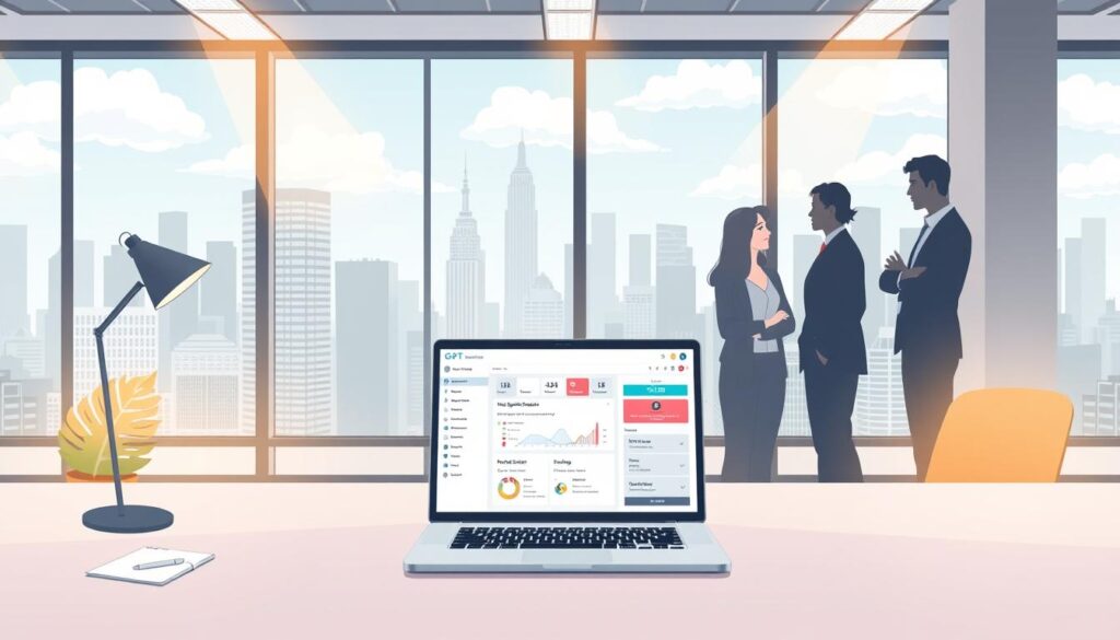 A sleek, modern office workspace with floor-to-ceiling windows overlooking a bustling city skyline. In the foreground, a minimalist desk features a laptop displaying a GPT-powered HR dashboard, surrounded by carefully curated task cards and collaboration tools. Warm, directional lighting casts a professional glow, while the middle ground showcases an array of customizable AI modules and settings. In the background, silhouettes of trusted colleagues engage in animated discussions, underscoring the collaborative nature of this custom GPT solution designed to instill confidence and elevate HR processes. A sleek, modern office workspace with floor-to-ceiling windows overlooking a bustling city skyline. In the foreground, a minimalist desk features a laptop displaying a GPT-powered HR dashboard, surrounded by carefully curated task cards and collaboration tools. Warm, directional lighting casts a professional glow, while the middle ground showcases an array of customizable AI modules and settings. In the background, silhouettes of trusted colleagues engage in animated discussions, underscoring the collaborative nature of this custom GPT solution designed to instill confidence and elevate HR processes.