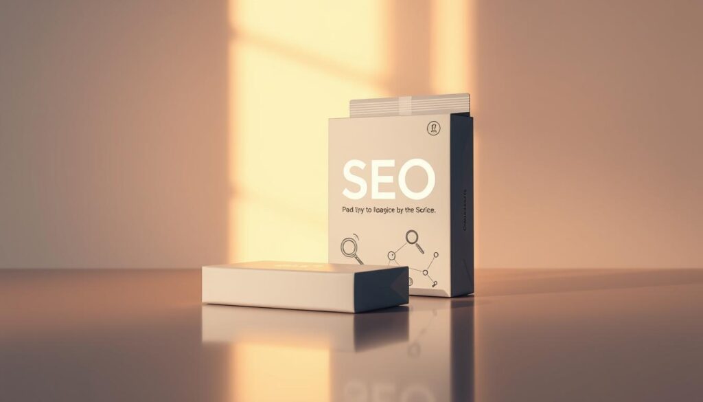 A sleek, modern package design for SEO services, featuring a clean and minimalist aesthetic. The package is displayed on a smooth, reflective surface, illuminated by soft, warm lighting from the side, creating a subtle, ambient glow. The package itself is made of high-quality, matte materials, with a subtle pattern or texture that adds visual interest. The design incorporates relevant SEO icons or symbols, such as magnifying glasses or digital networking elements, to convey the service's purpose. The overall composition is carefully balanced, with a focus on the package itself, allowing the viewer to appreciate the thoughtful, professional branding.